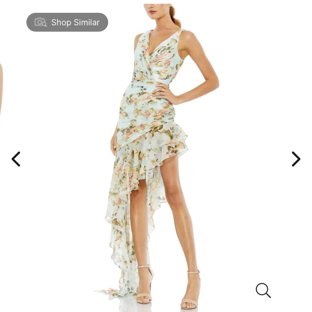 Ieena for Mac Duggal Hi-Low Gown | FLORAL PRINT ASYMMETRICAL RUFFLE HEM DRESS